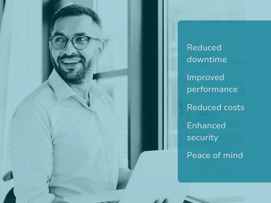 Network support benefits demonstrated by man holding laptop